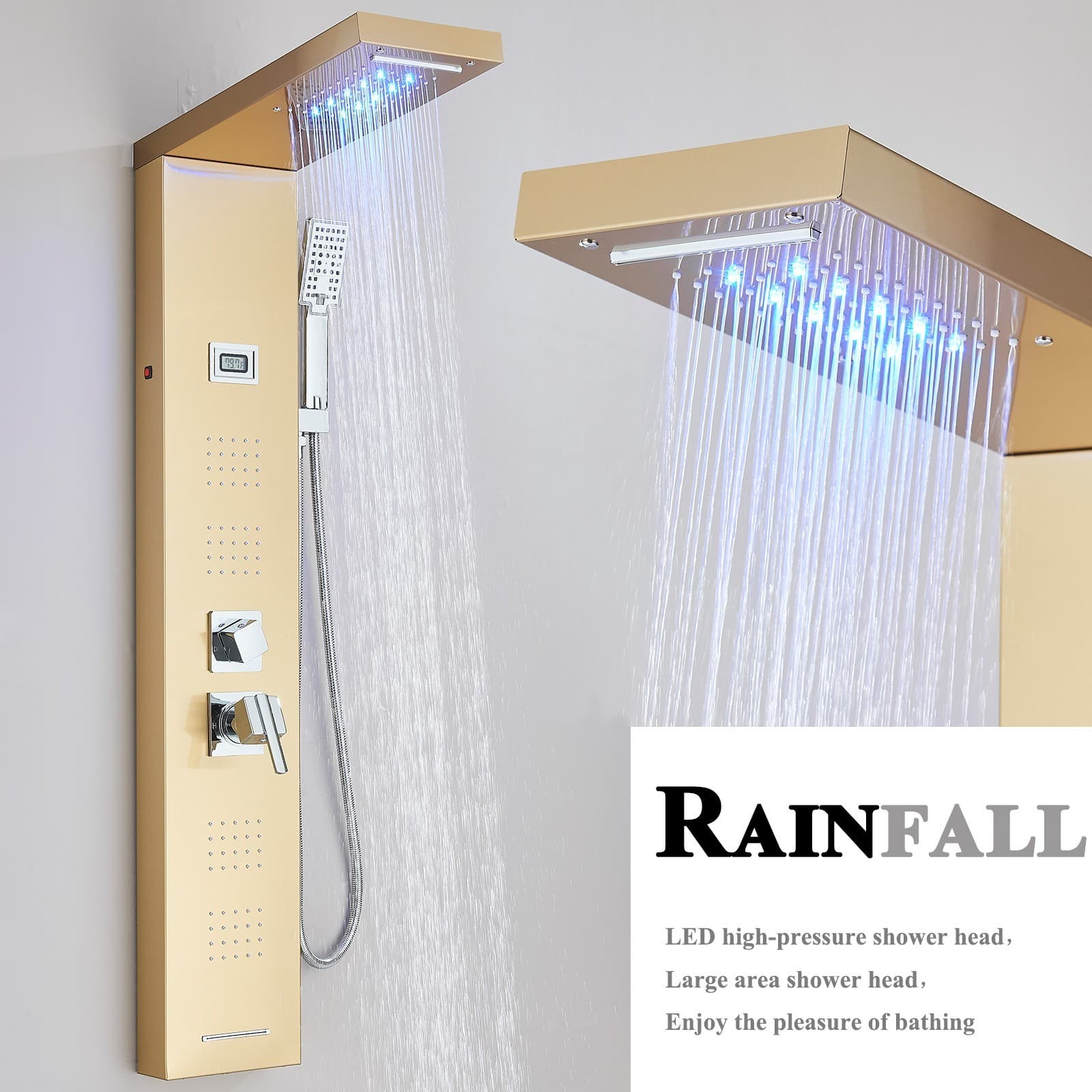 Stainless Steel Gold Shower Panel Tower System LED Rain Waterfall Massage Jets 3