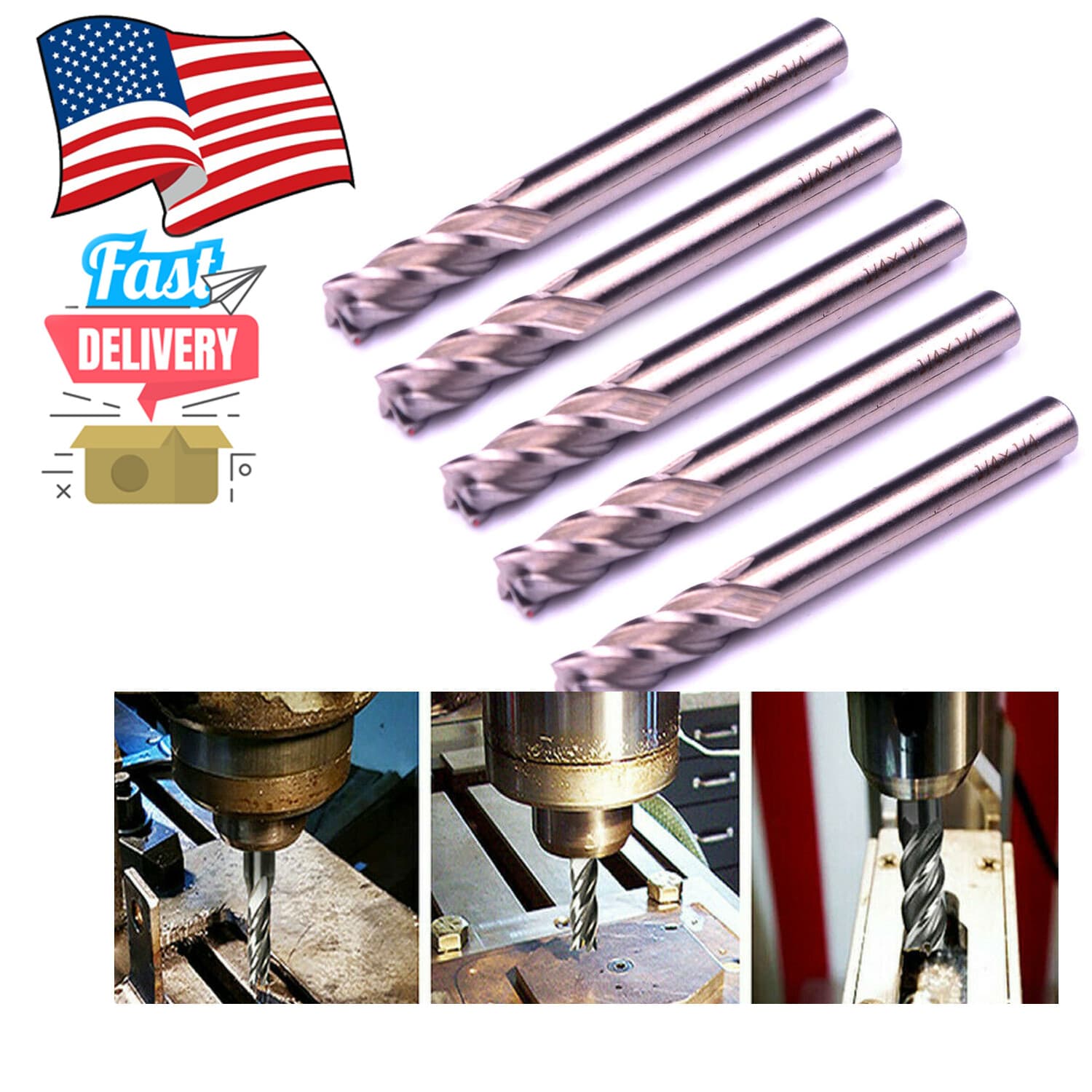 LSTOPGO 5Pcs 1/4"x1/4" HSS End Mill Cutter Square Nose End Mills, Inch, R Hand 2