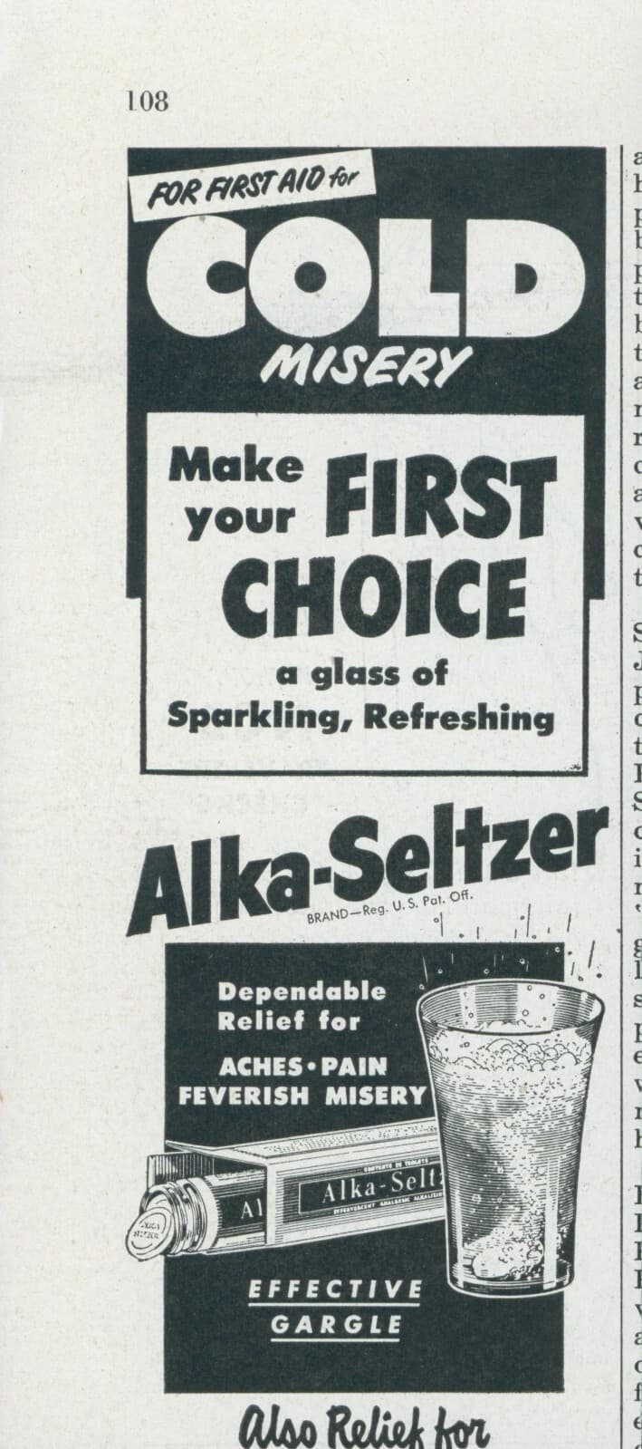 1952 Alka Seltzer Relief Cold Misery Sparkling Glass Vintage Print Ad SP10