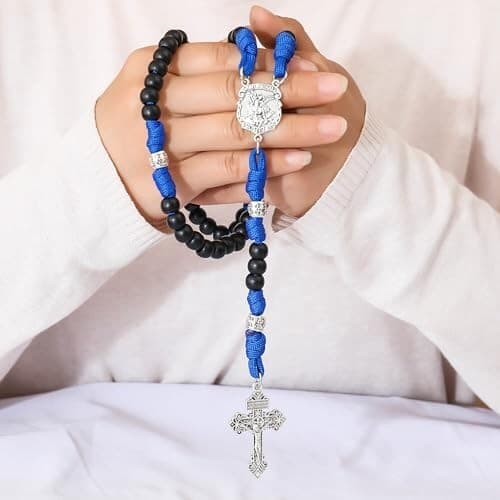 St. Michael Blue Paracord Rosary Black Beads Corded Rosary Pardon Cross 4