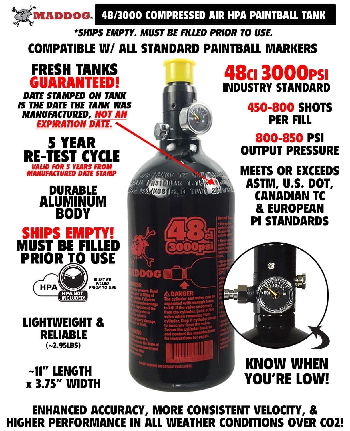 NEW Maddog 48ci 3000psi Aluminum Compressed Air HPA Paintball Tank N2 6