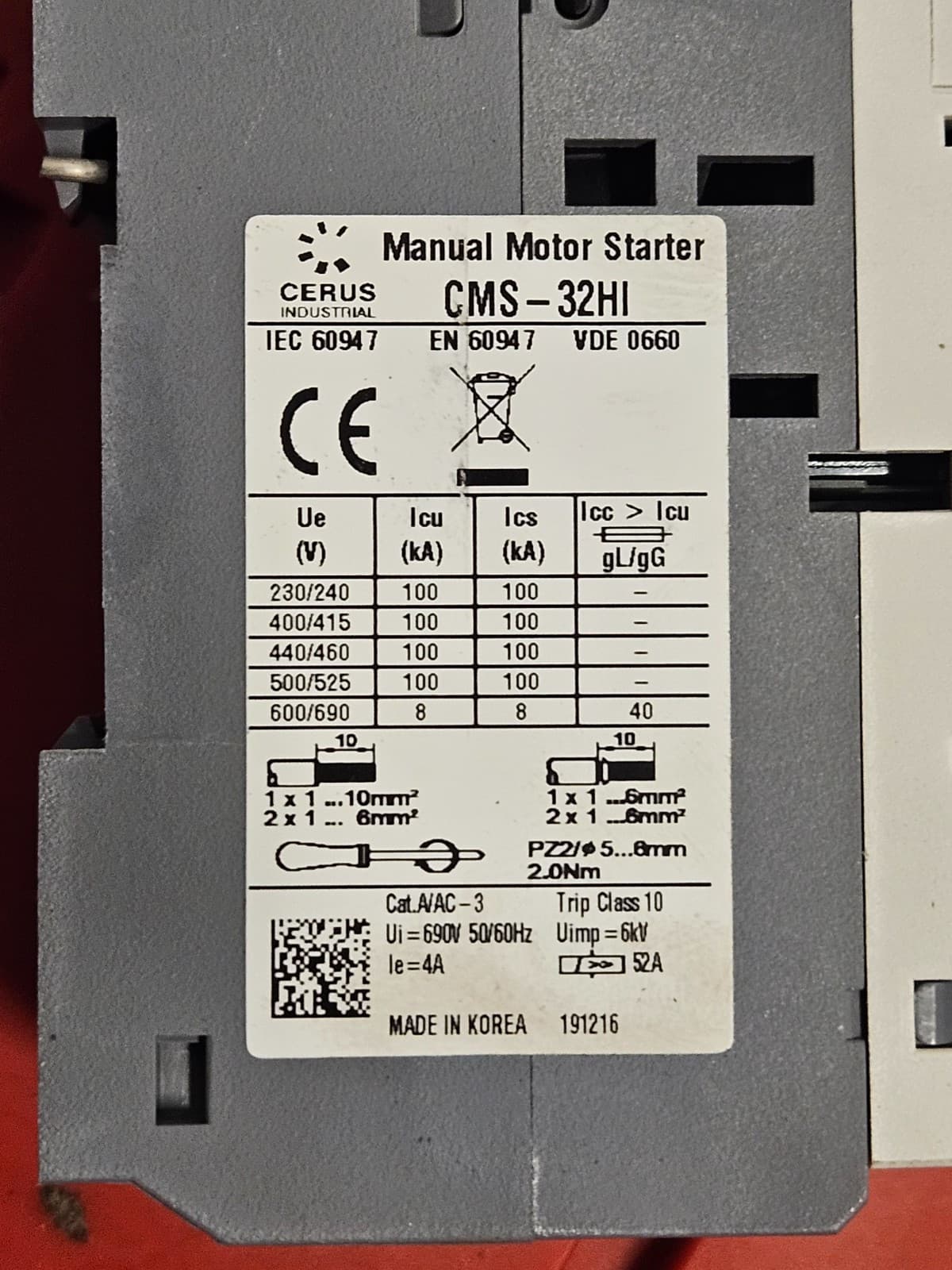 Cerus CMS-32HI Manual Motor Starter MMS2 – 32A 690V AC – Used 3