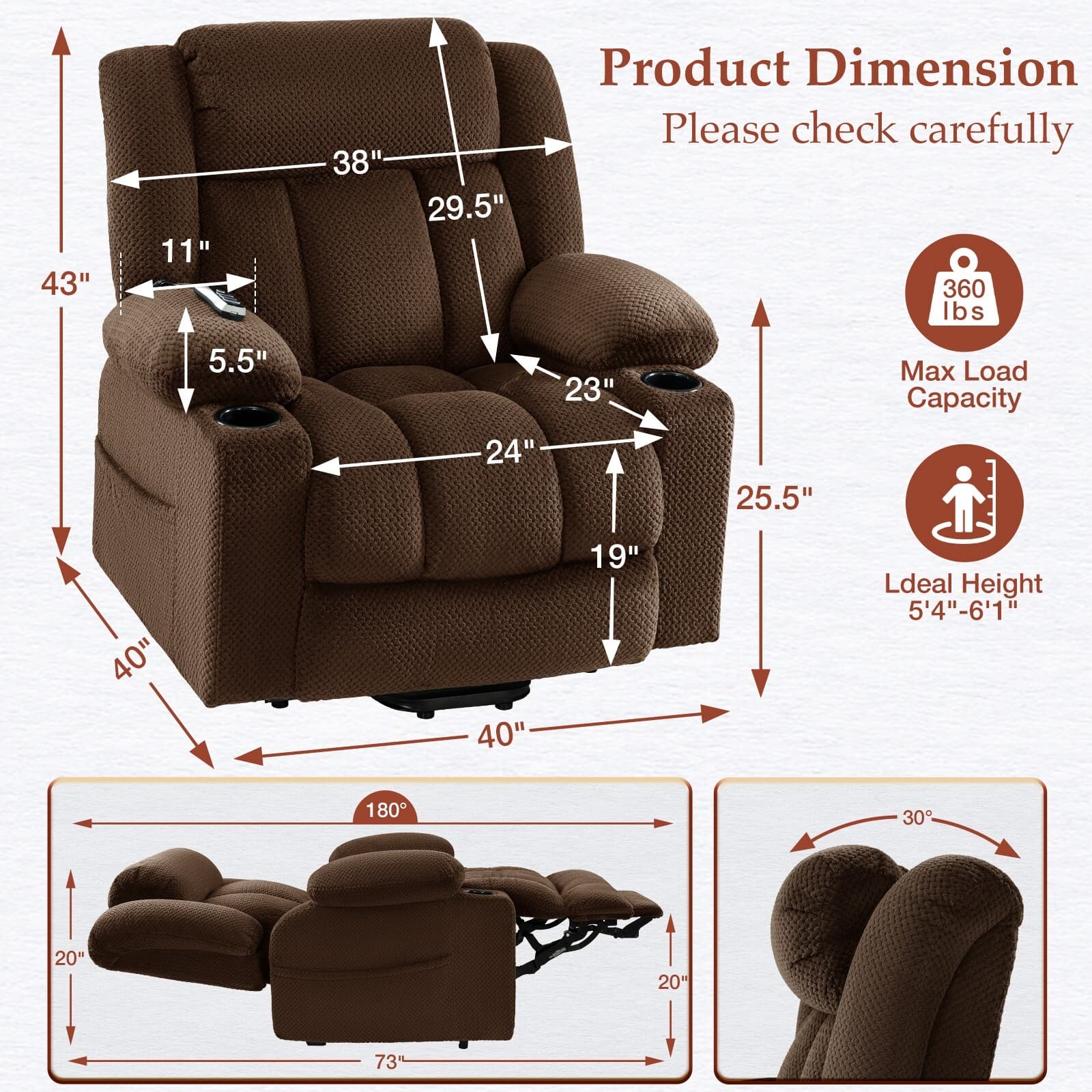 Flannel Triple Motor Lay Flat Large Power Lift Chair Recliner with Headrest 2