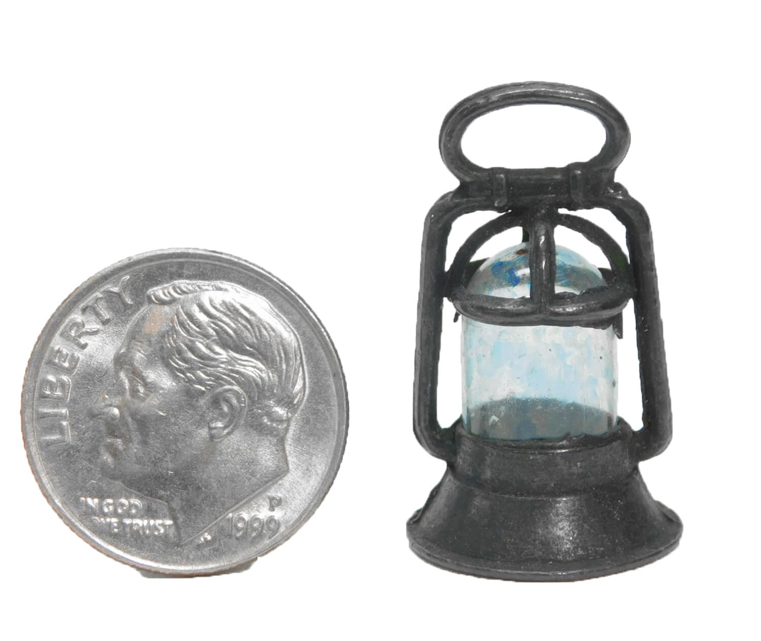 RARE 1919 SMALL RAILROAD LANTERN CRACKER JACK PRIZE METAL BLUE CELLULOID "GLASS" 2
