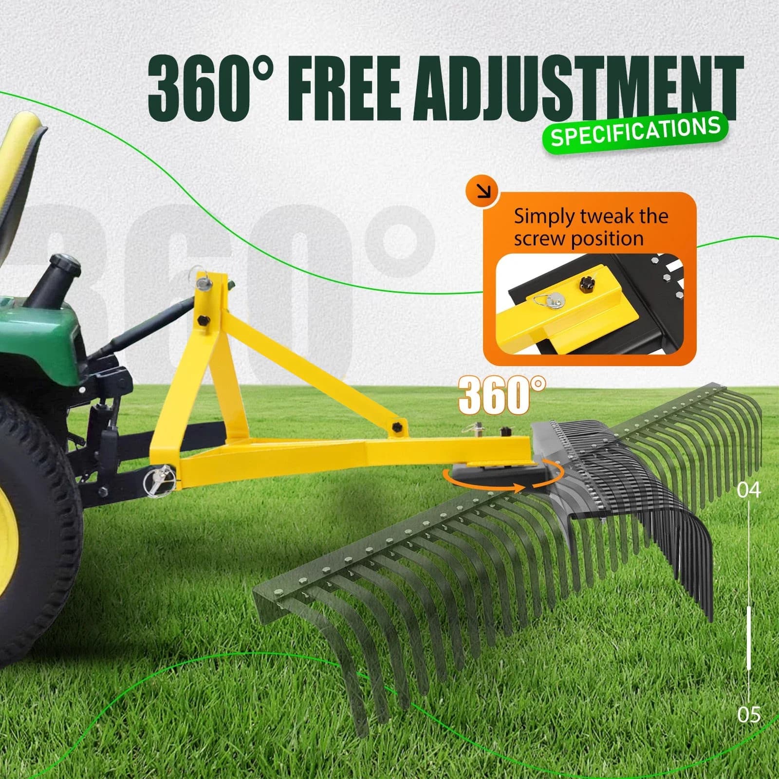 3-Point 60" 5 FT Landscape Rake For Cat 1 Tractors Attachment Soil Gravel Lawn 3