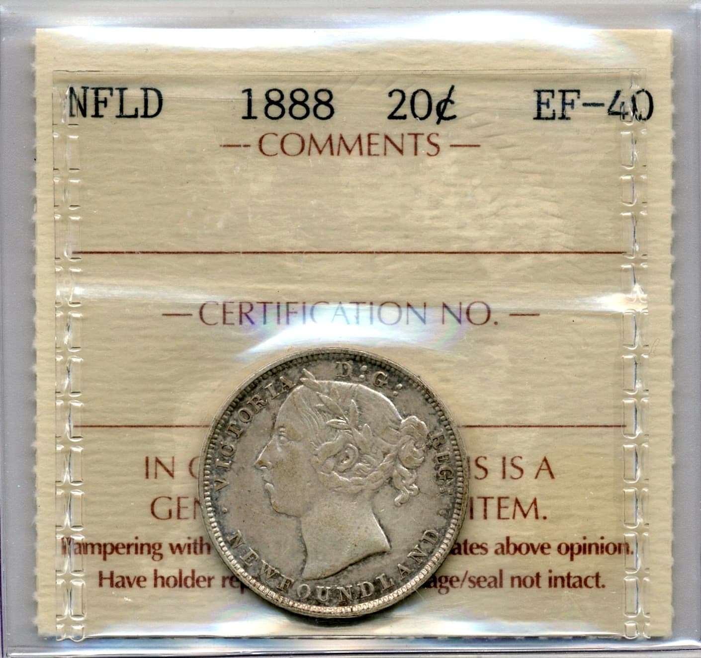 1888 Newfoundland 20 Cents - Extremely Fine, ICCS EF40 2