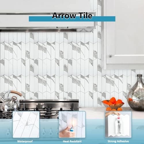 Arrow Tiles Peel and Stick Backsplash for Kitchen, Self 6 Marble White Arrow 4