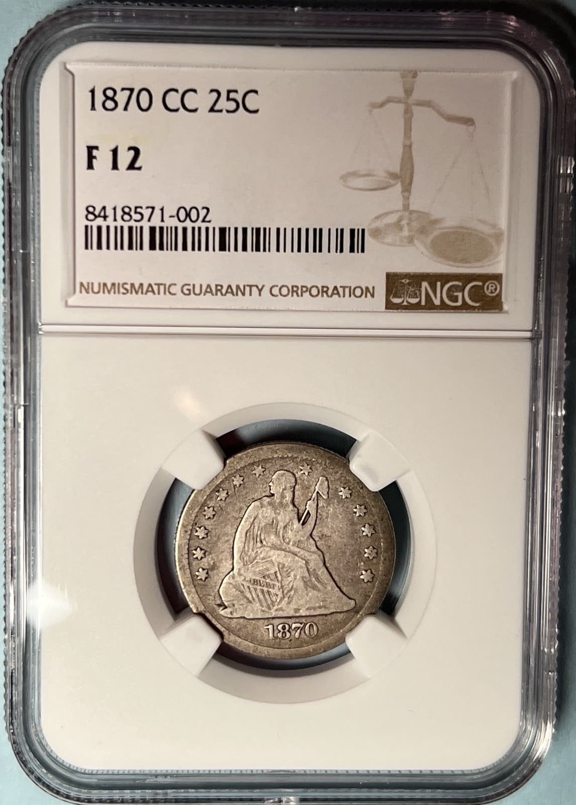 1870-CC Seated Liberty Quarter Key Date NGC F12 — First Carson City; 8,340 Made