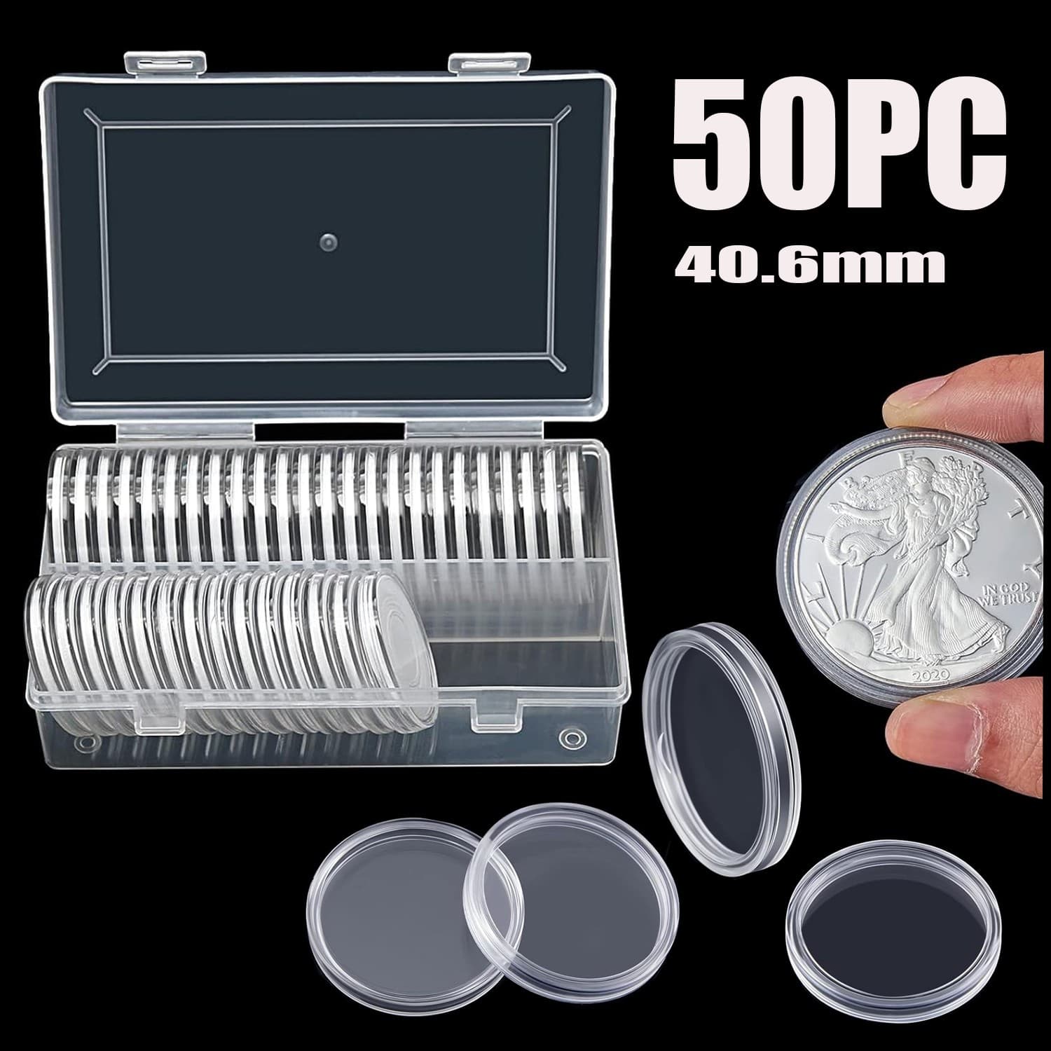 50X Coin Holder Capsules Case 40.6mm Clear for 1 Oz Silver Dollar w/ Storage Box