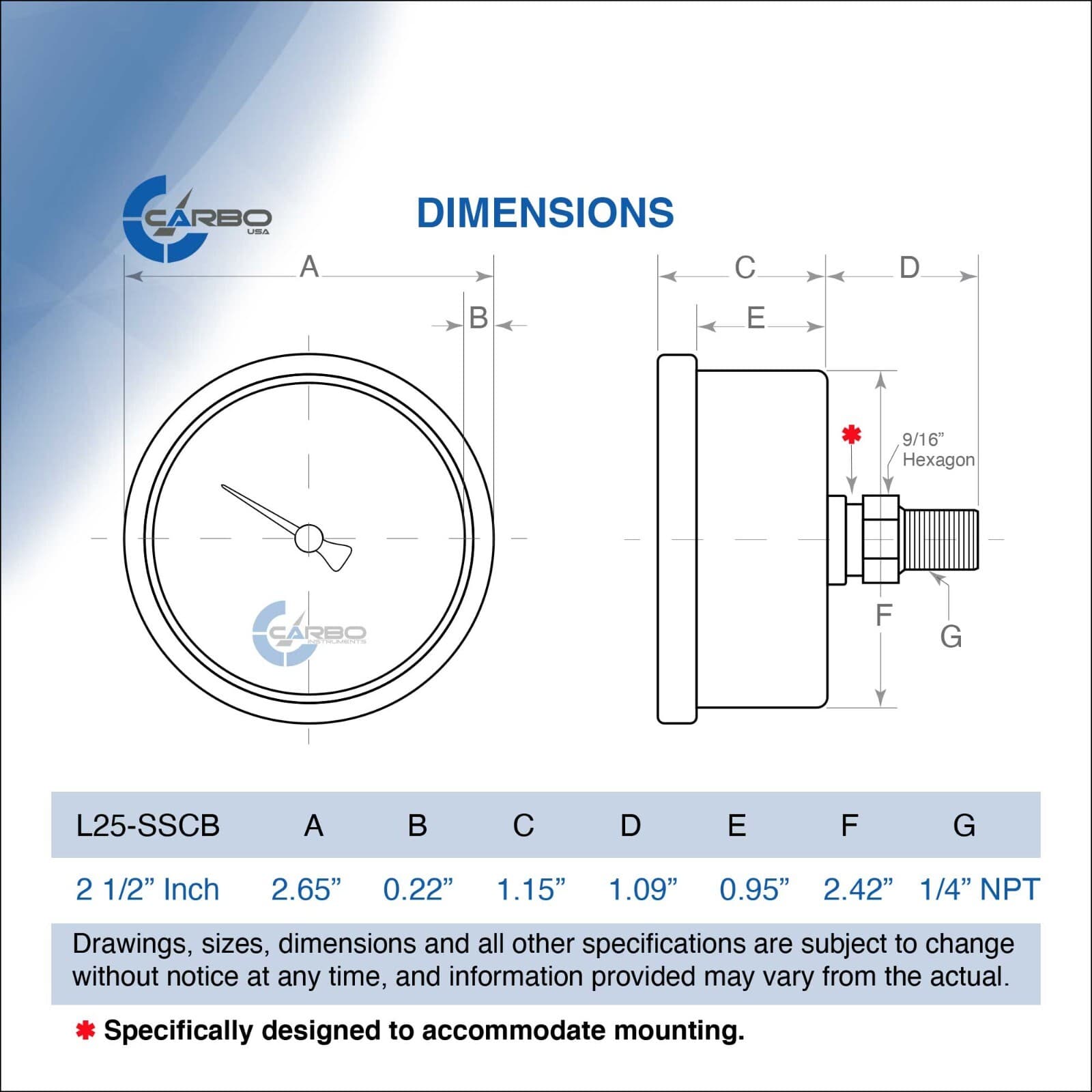 2.5" LIQUID FILLED COMPOUND VACUUM GAUGE +30 Hg/+250 PSI STAINLESS CASE BACK MNT 6