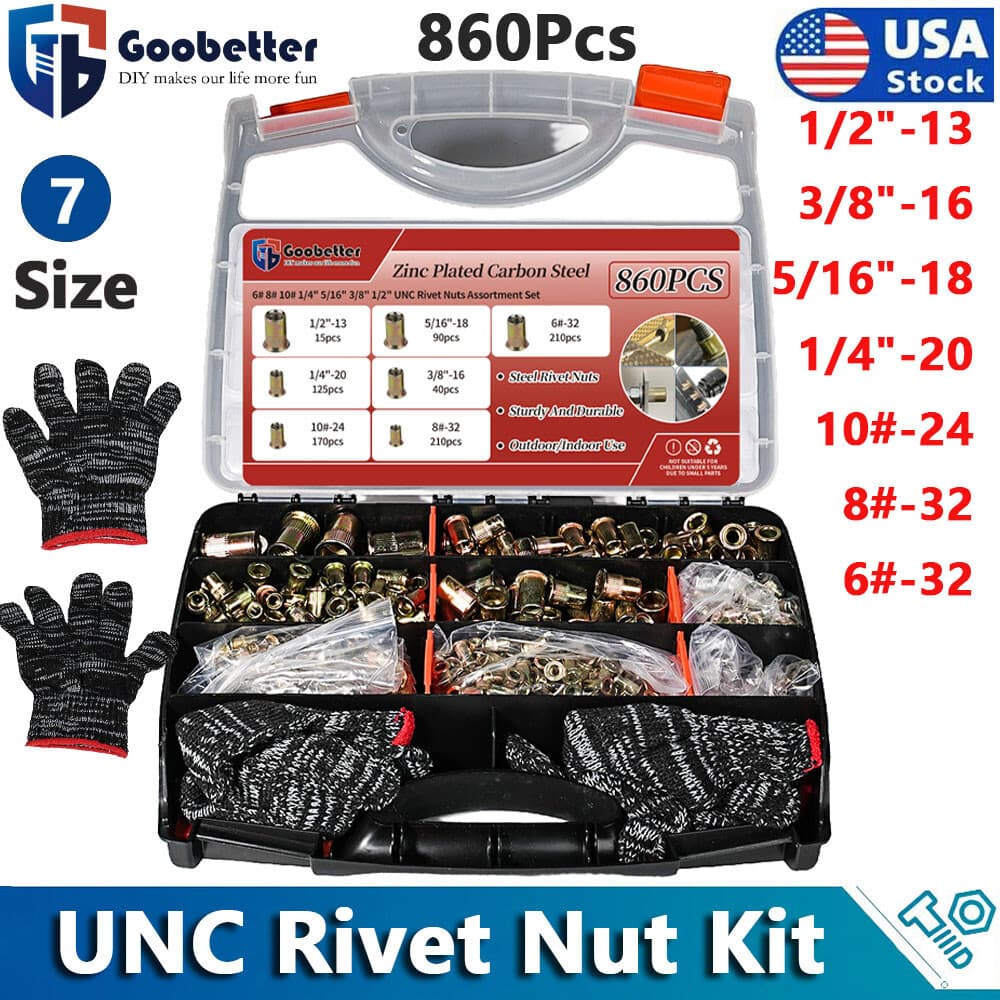 860x Rivet Nuts Kit Carbon Steel Rivet Nut Insert Nutsert Assortment Kit 6#~5/16