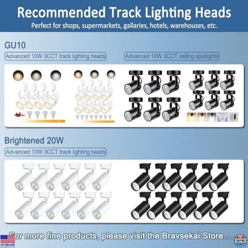 13FT Black H Track Lighting Kit with Dimmer, White Rails, Floating Canopy & 4