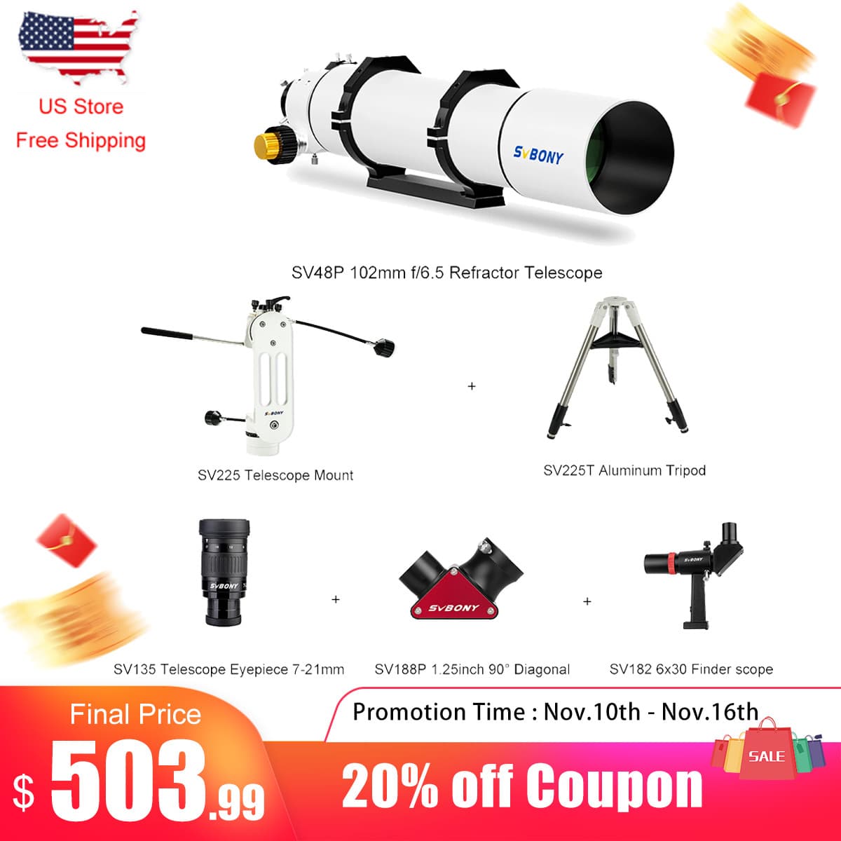 SVBONY SV48P102mm Achromatic Refractor Telescope Visual Set for Moon Observation