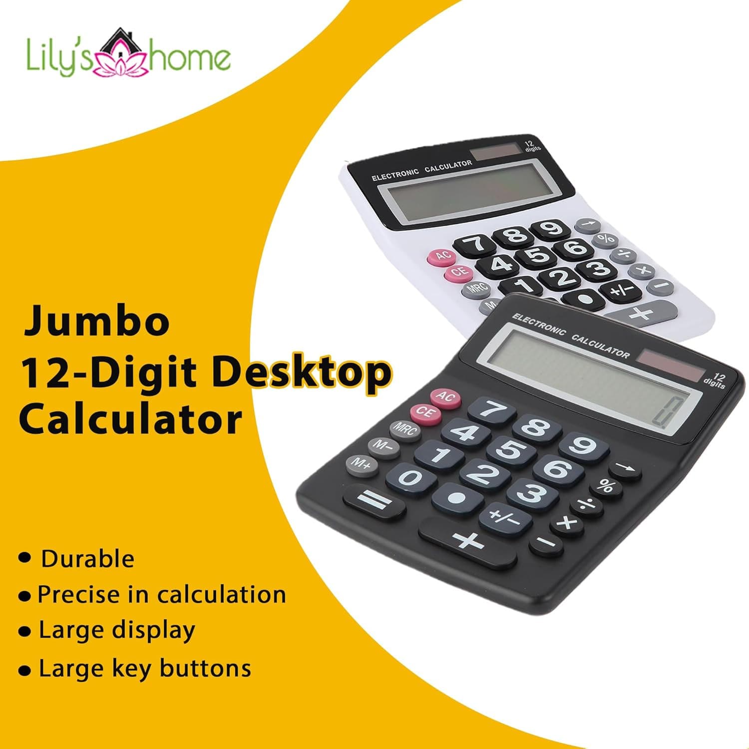 Lily' Home Jumbo 12 Digit with Solar Power, Large LCD Display - Desktop Calculat 4