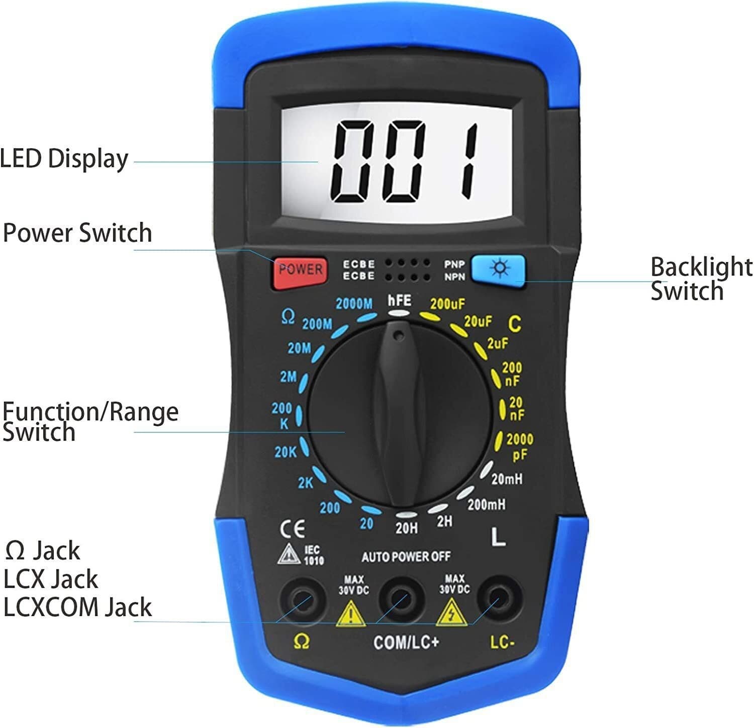 Digital LCR Multimeter, Capacitor Tester, Inductance Meter hFE Ohm Tool LCD US 4