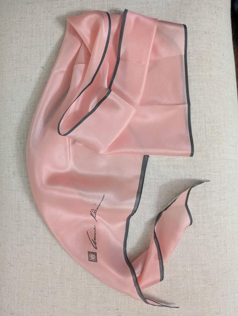 Vintage Anne Klein Baby Pink Gray Edge Pointed Silk Head Or Neck Scarf 66 x 6.5"