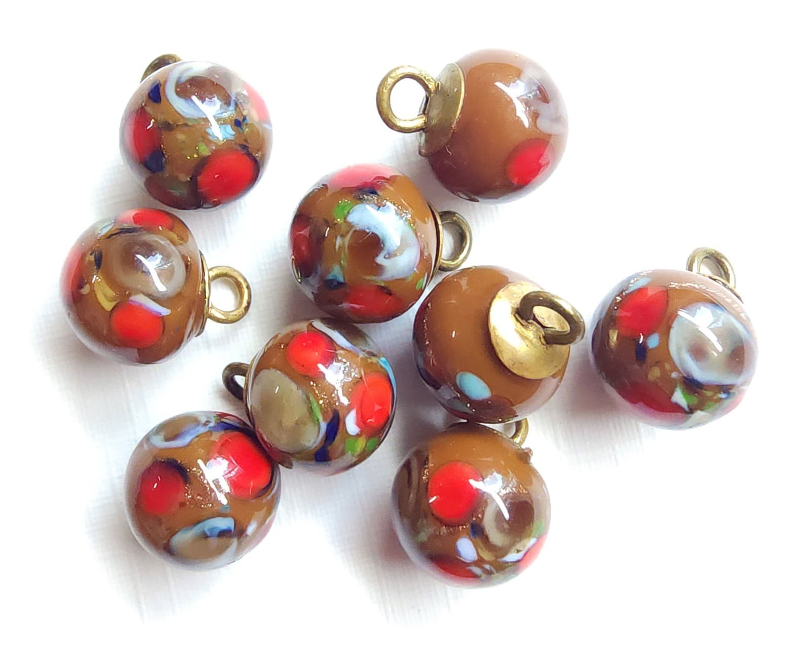 9 Antique Diminutive Brown Glass Ball Buttons w/ Colorful Inlays ~ under 3/8" 3