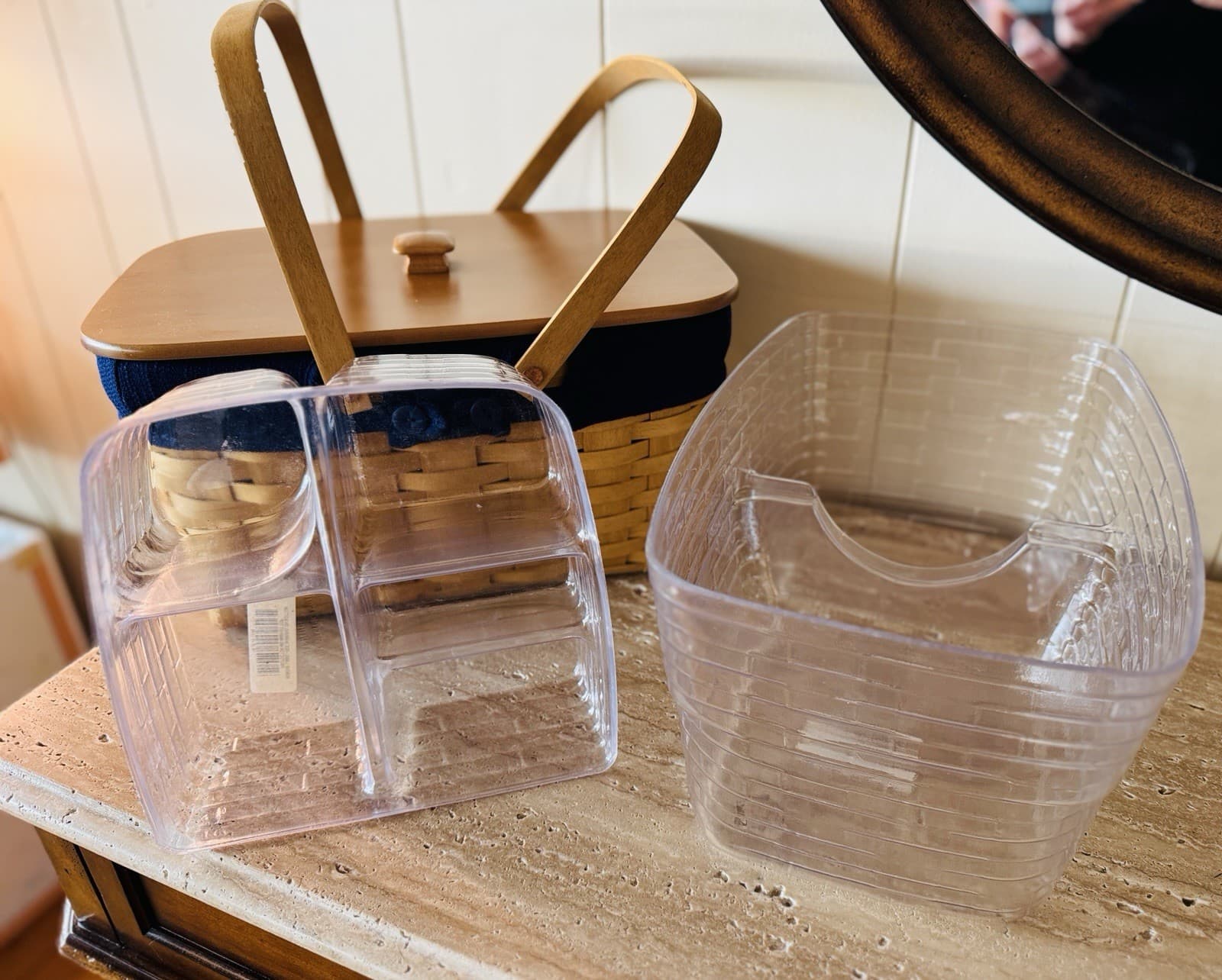 Longaberger Medium Market Basket  Cloth Liner, 2 Hard Plastic Inserts, Wood Lid 4