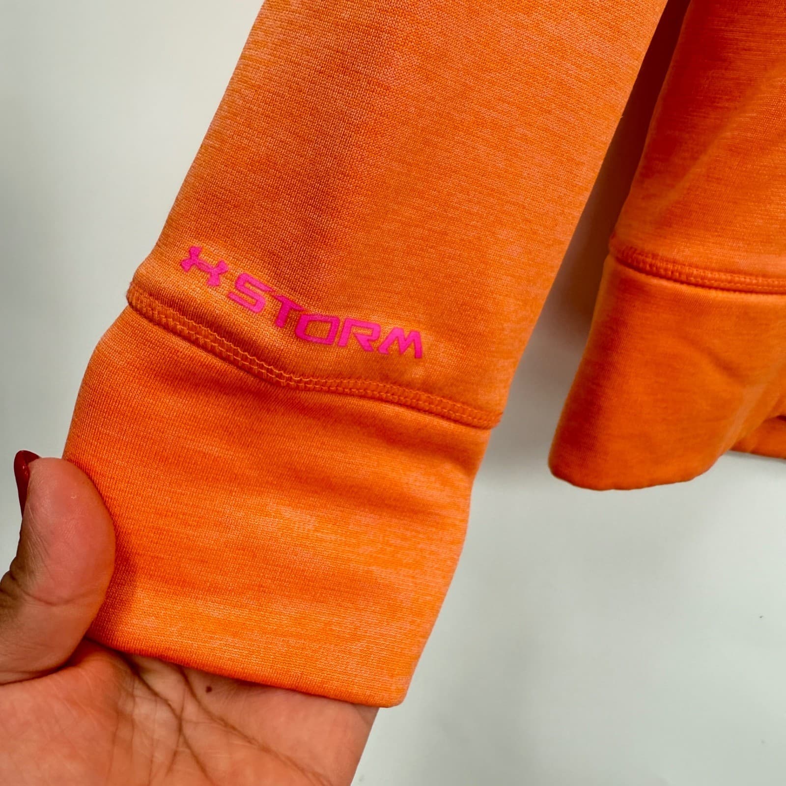 Under Armour Storm Hoodie YLG Youth Girls Orange Pink Pullover Thumb Holes 4