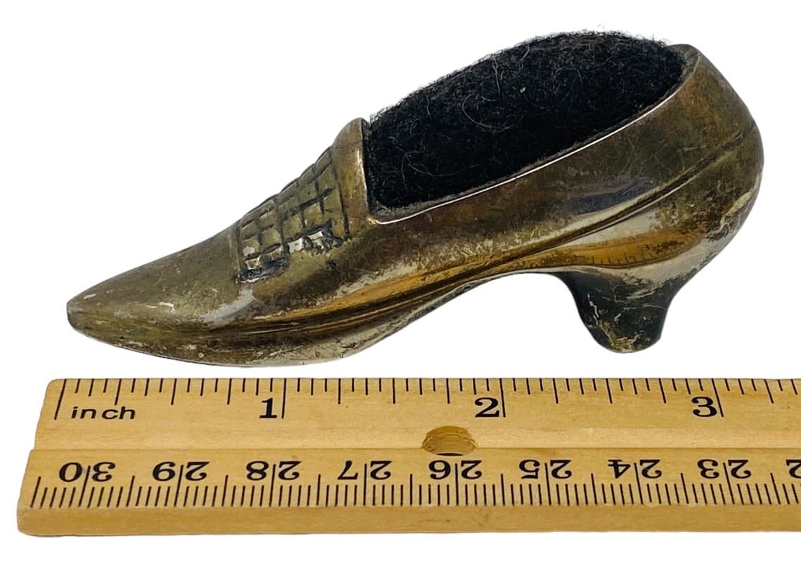 3-1/2” ANTIQUE METAL SHOE PIN CUSHION, TARNISH, AS IS 6