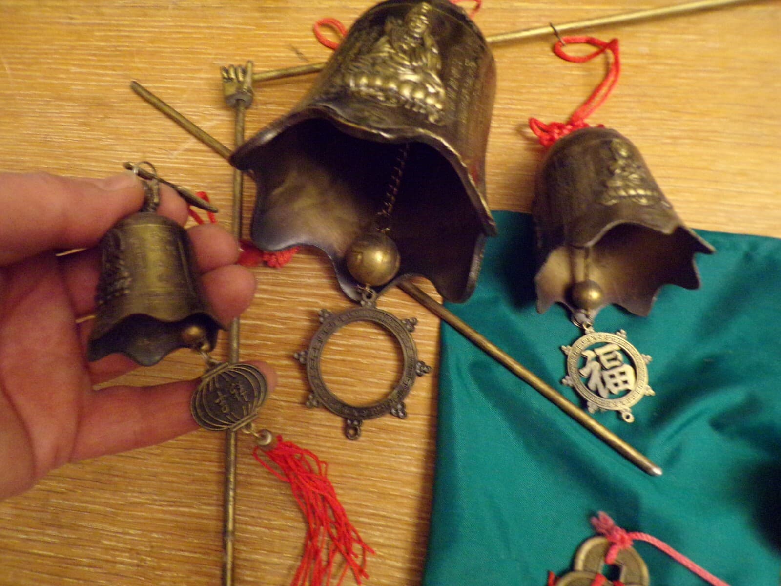 3-Asian Early Antique Brass Hand Forged Chinese Inscription Buddha Temple Bells 3