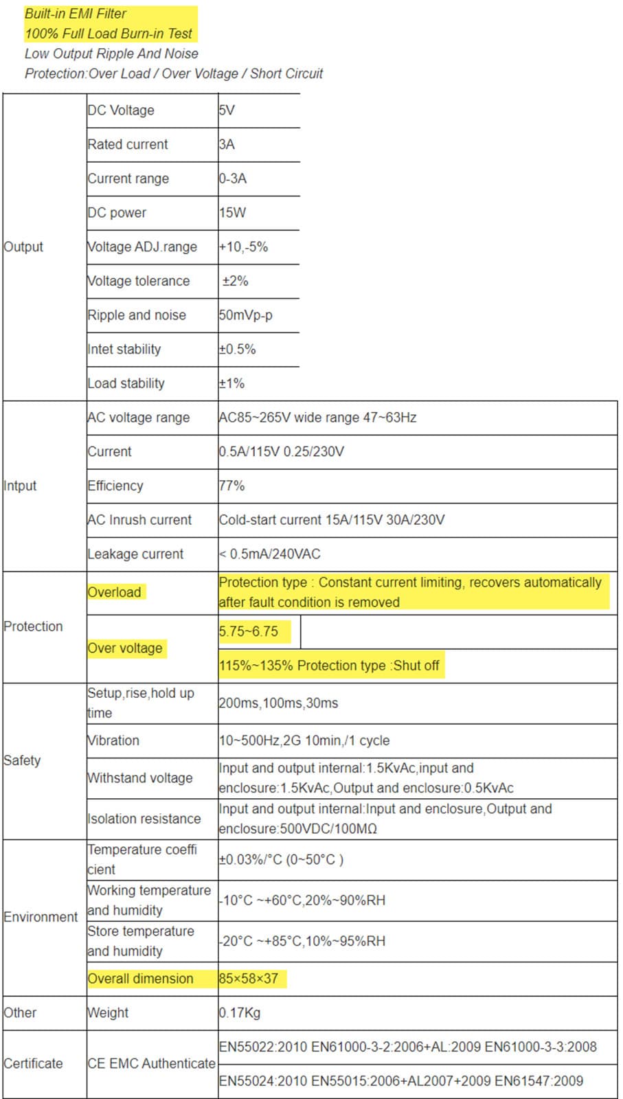 CNC (BOB) Power Supply 5v 3a 15w (Stepper Motor, Servo Motor, Gecko, Leadshine) 5