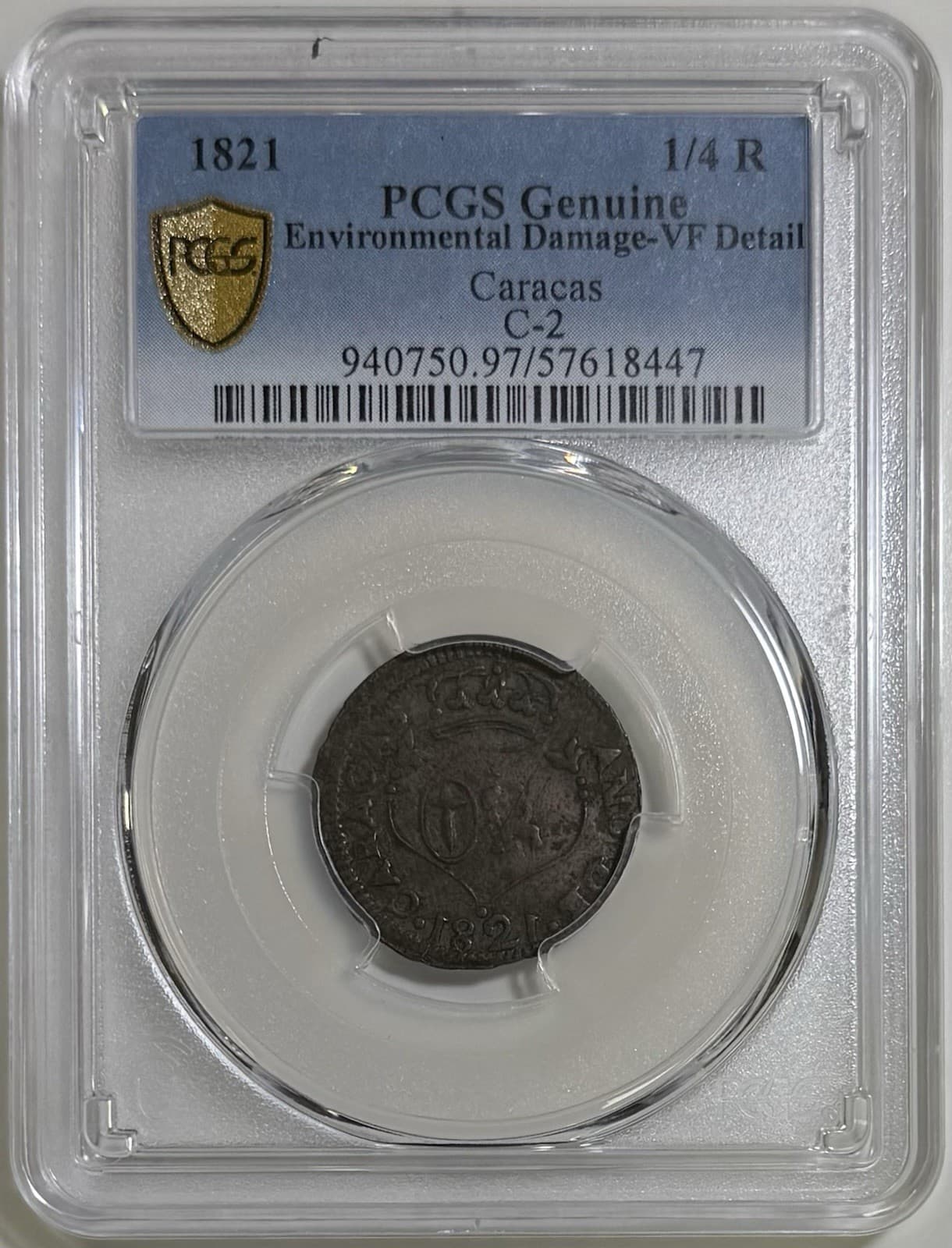1821 Venezuela Caracas 1/4 Real PCGS Genuine VF Detail C-2 Gold Shield Secure 3