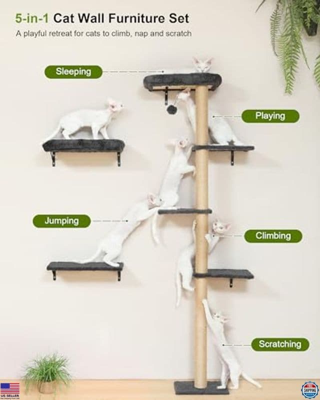FUKUMARU 3-in-1 Cat Wall Shelves - Sturdy Wooden Climbing Tree & Scratching Post 2