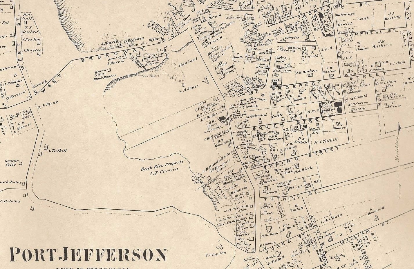 Port Jefferson Stony Brook NY 1873 Map with Homeowners Names Shown