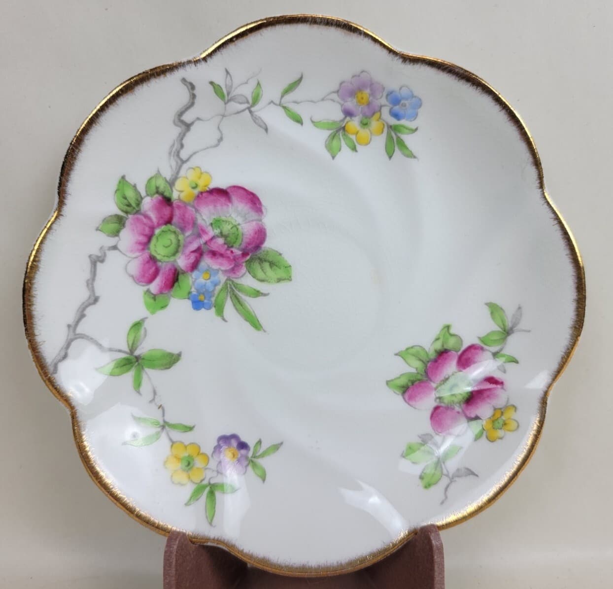 Vintage Salisbury Crown China Floral Teacup & Saucer Gold Rim Swirl England 1917 2