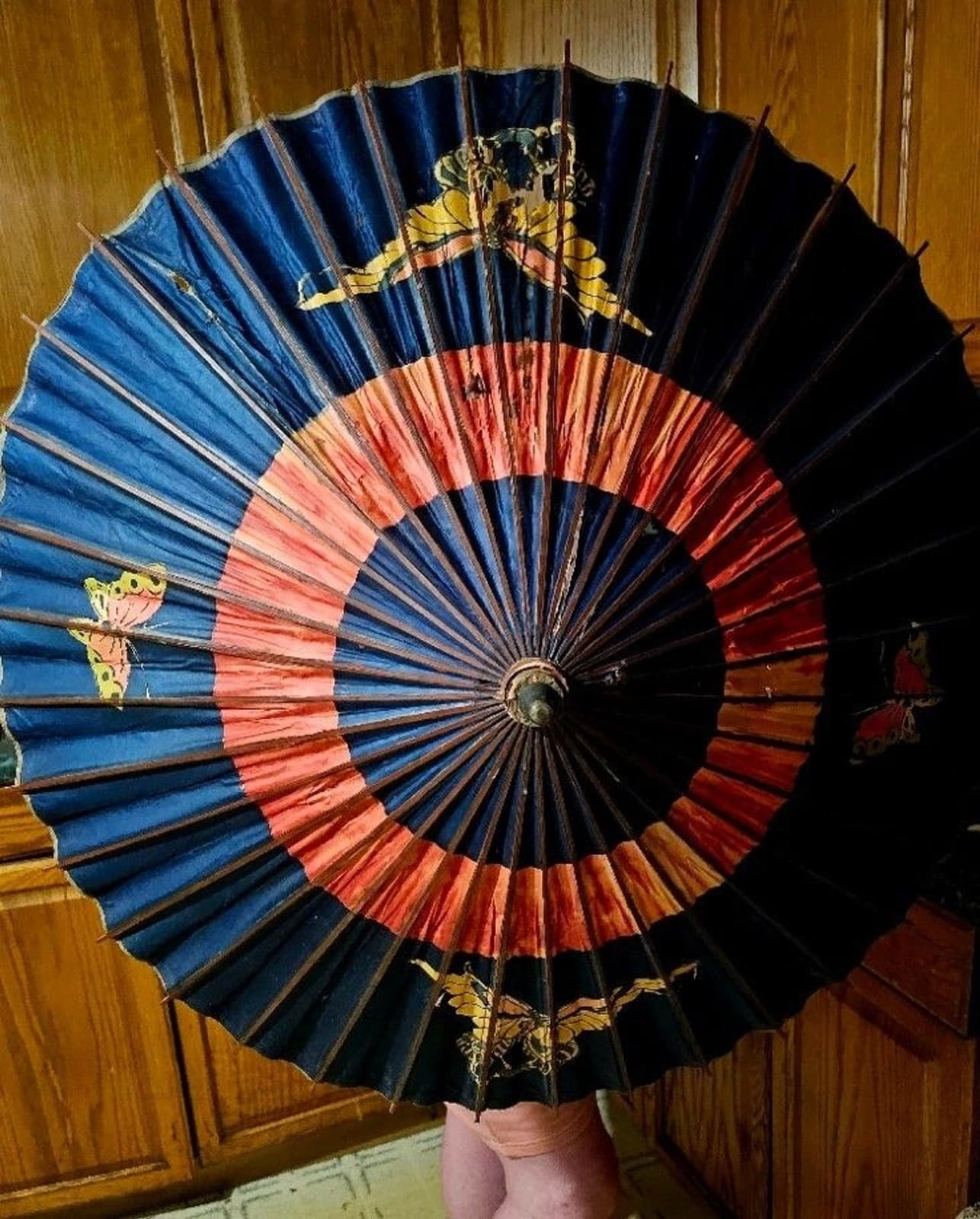 Vintage Paper Bamboo Oriental Chinese FLowers and Butterflies Parasol 3