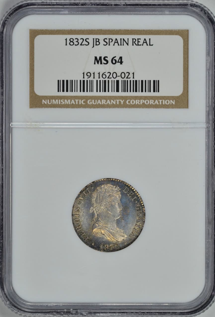 1832 S-JB 1 REALE SPAIN NGC MS64 "FINEST" & "ONLY ONE GRADED" @ BOTH NGC & PCGS  3