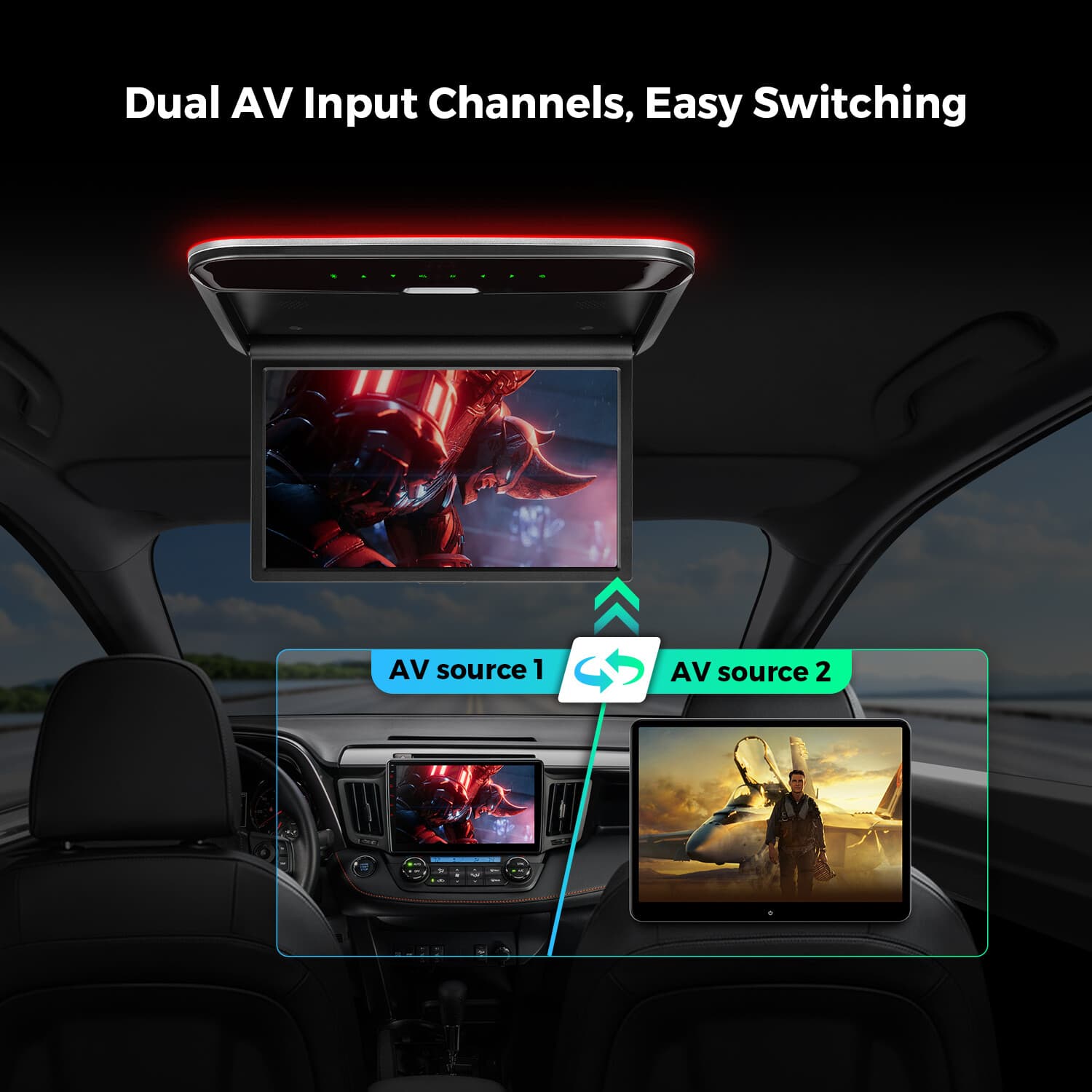 14" HD Screen Car TV Roof Flip Down Monitor 1080P Speakers HDMI AV-IN IR/FM 6