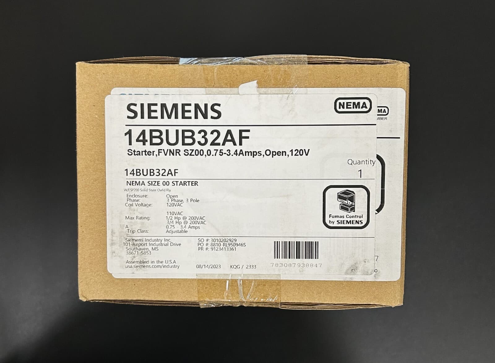 Siemens 14BUB32AF Nonreversing Nema Magnetic Motor Starter, No Enclosure Nema