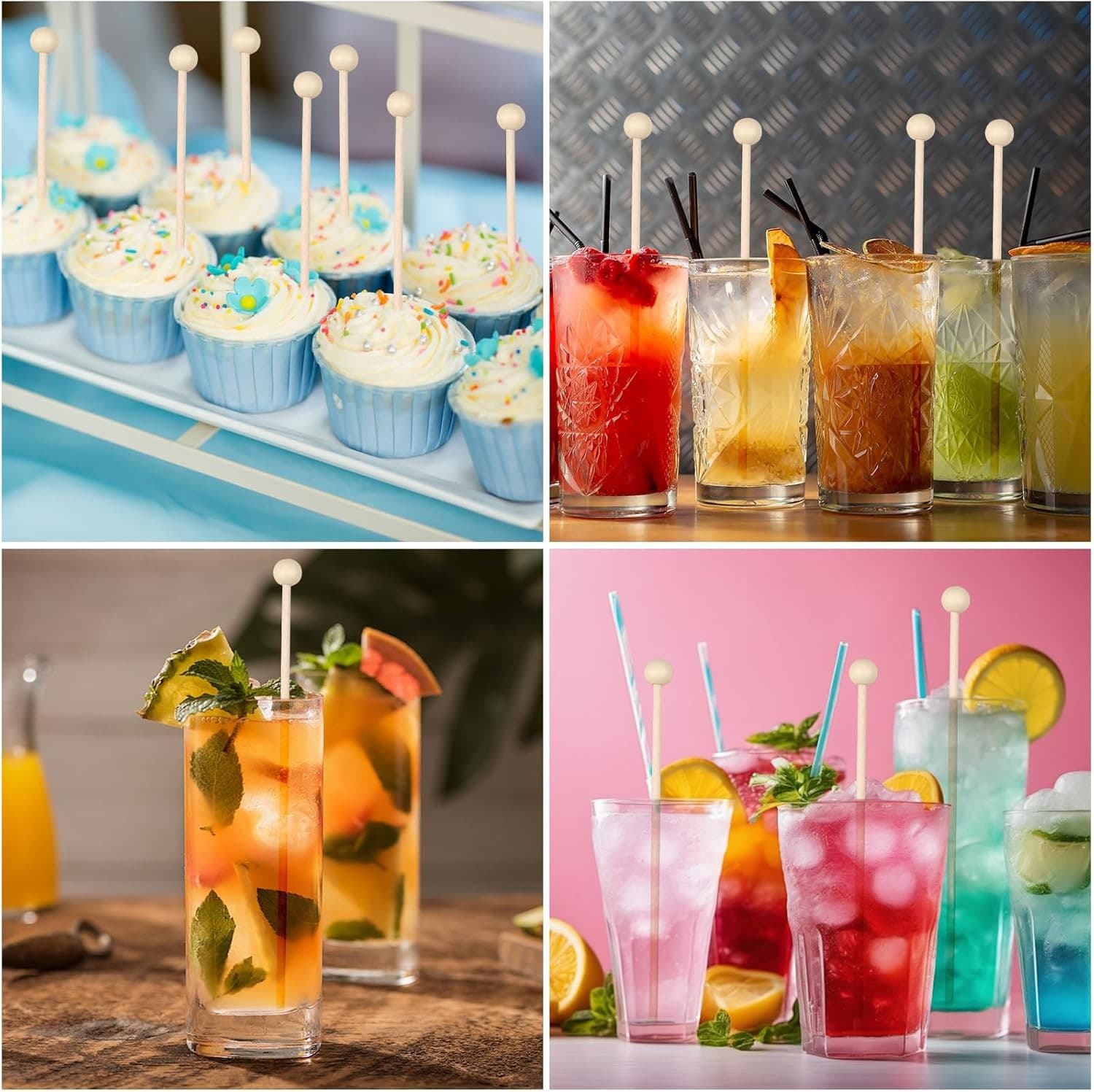 50 Pack Wooden Rock Candy Stick 6" Ball Head Cake Pop Coffee Drink Stirrer Stick 6