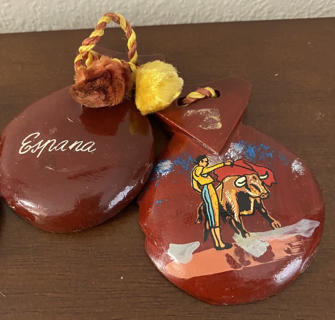 Vintage Hand Painted Wooden Castanets from Spain Bullfighter Set Of 2 3