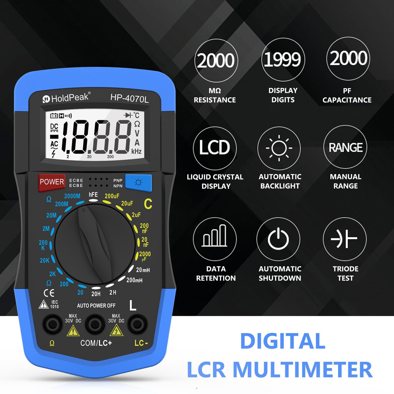 Digital LCR Multimeter, Capacitor Tester, Inductance Meter hFE Ohm Tool LCD US 3