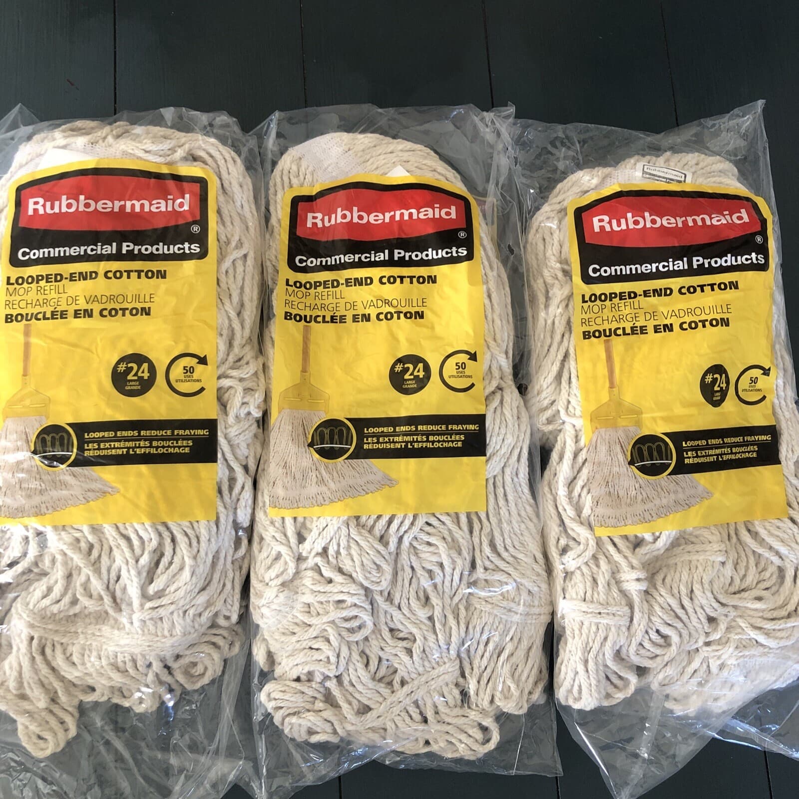 3 New Rubbermaid Commercial Loop Ended Cotton Mop Refill #24 Large