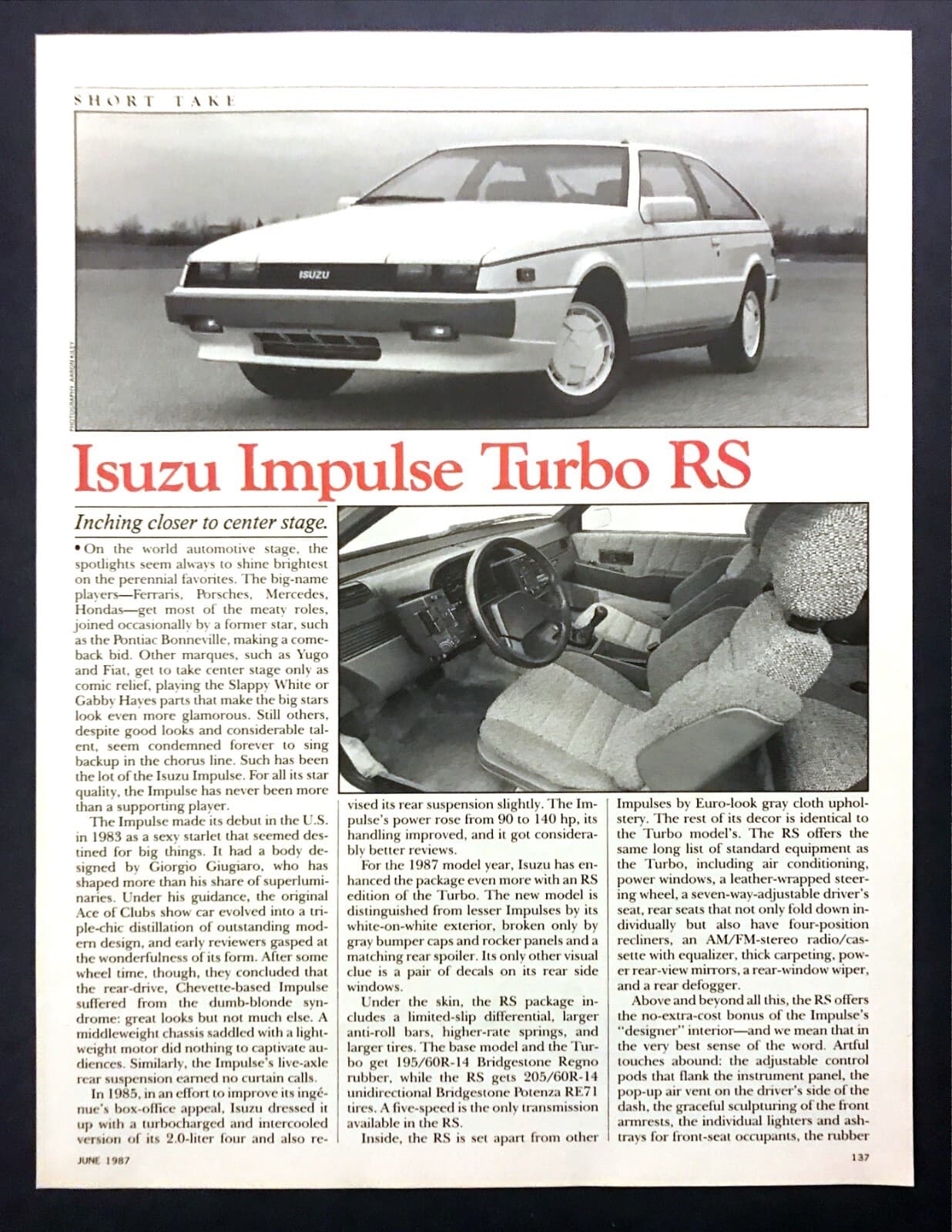 1987 Isuzu Impulse Turbo RS Coupe Road Test Technical Data Photos Review Article