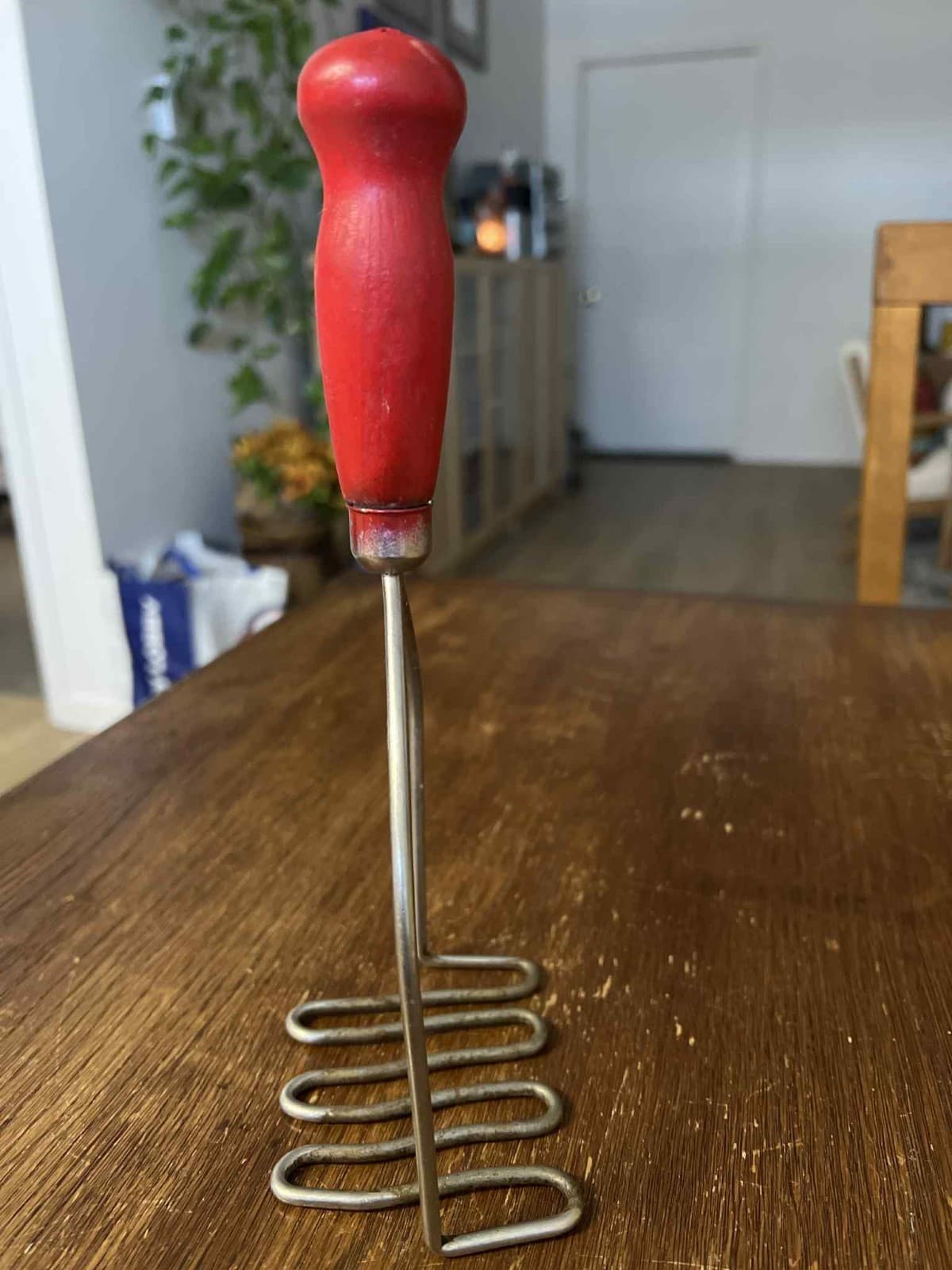 Antique Steel Potato Masher with Wood Chippy Red Painted Handle Primitive Rustic 2
