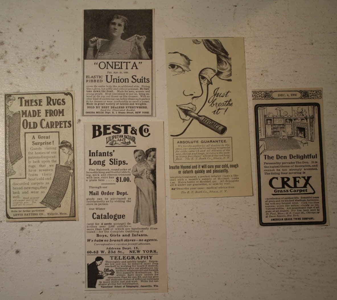 VICTORIAN INHALER CARPET BABY CLOTHES Oneita union antique OLD 1902 print ADS