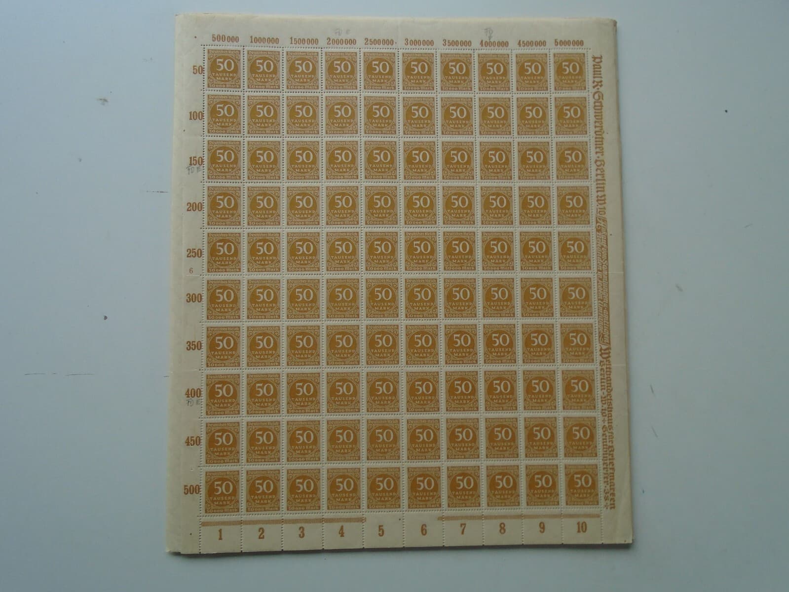 Germany - SG313 50T DM 1923 yellow bistre. 10 x complete sheets of 100 stamps. 2