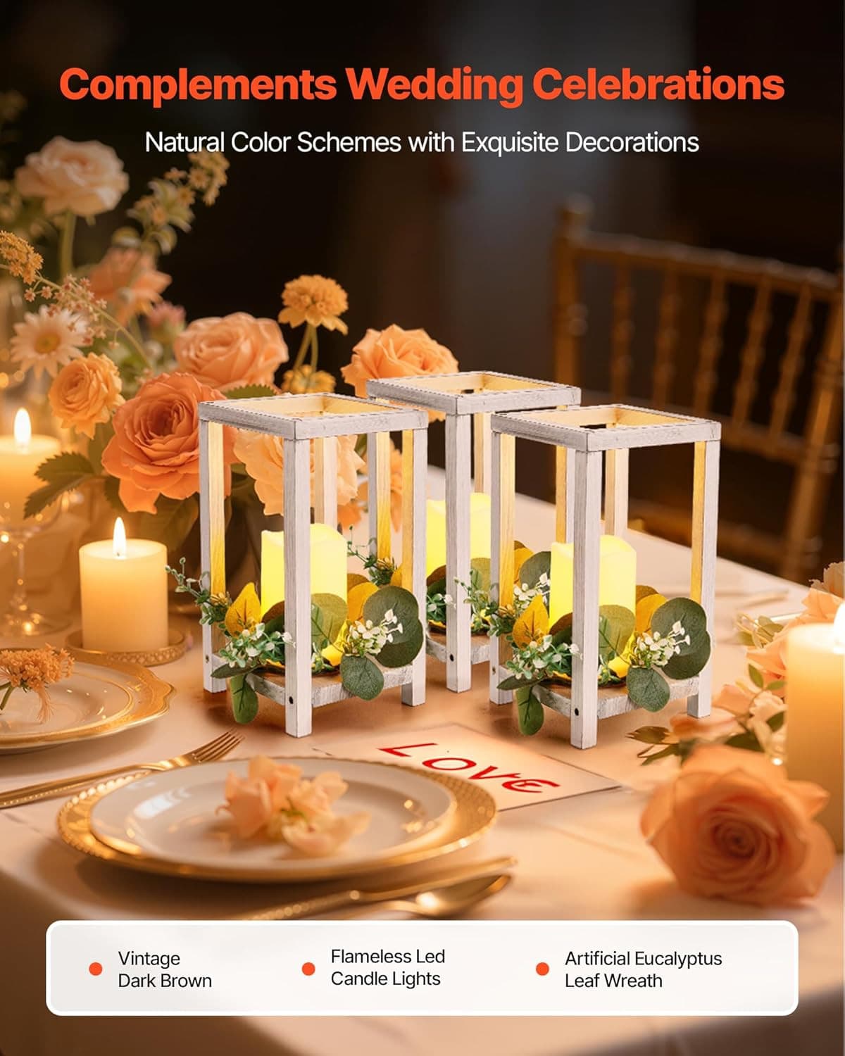 12 Set/36 Pcs Wooden Wedding Lantern Centerpiece Includes 12 Wooden Lantern Cand 2