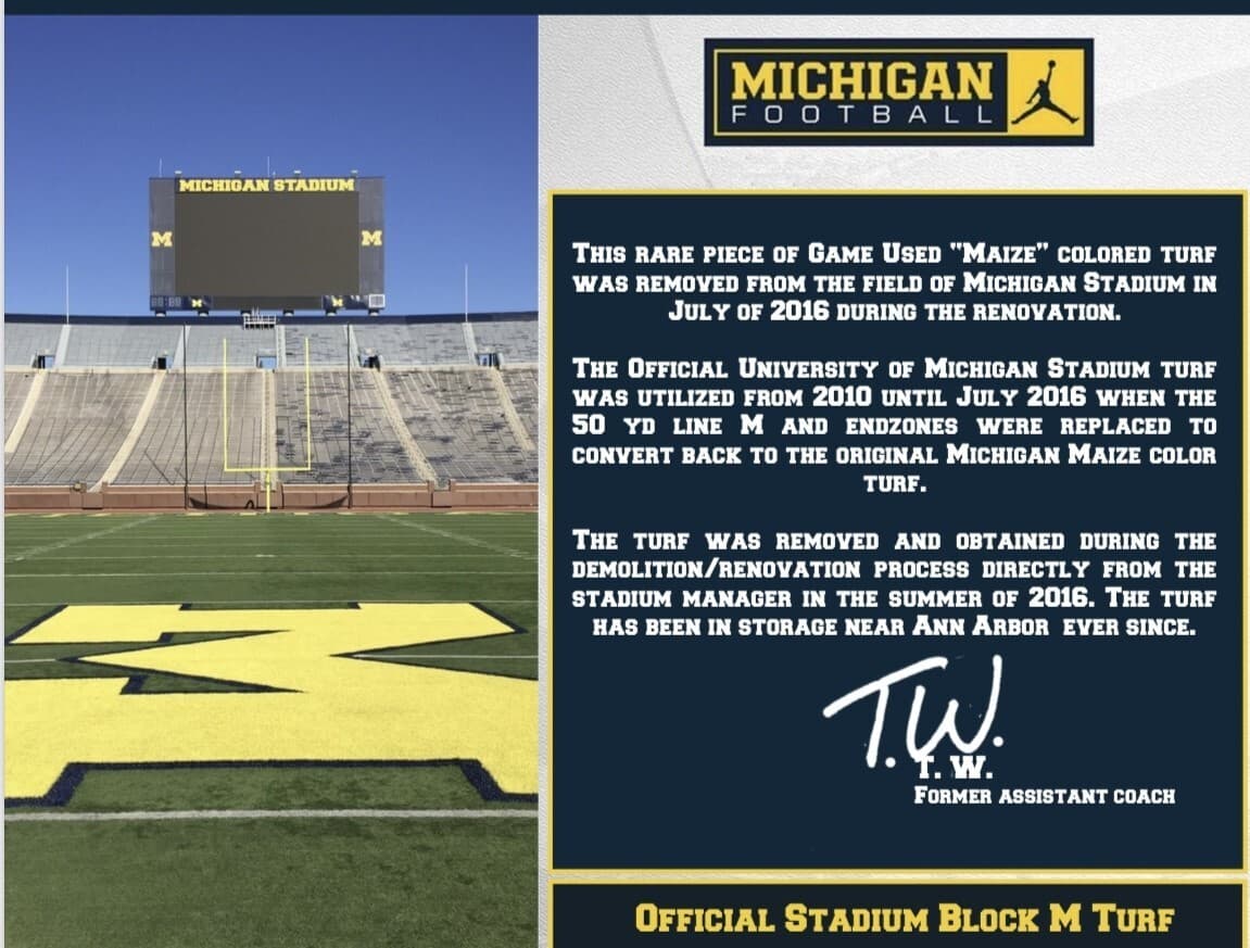 Michigan Wolverines Game Used BLOCK M turf from 50 Yard Line of Michigan Stadium 3