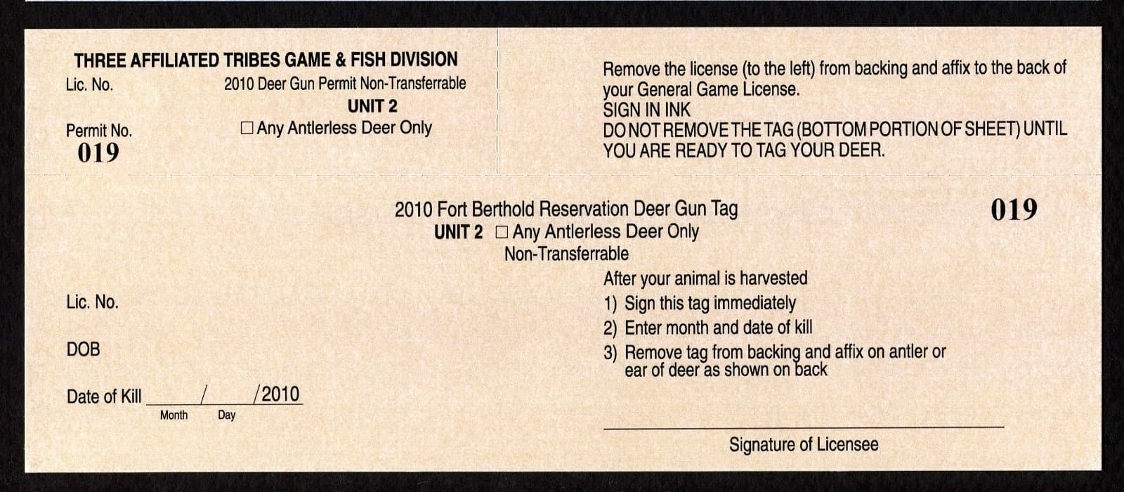 TTD122 Fort Berthold 2010 Anterless Deer Unit 2 Deer Gun Tag Indian Reservation 2