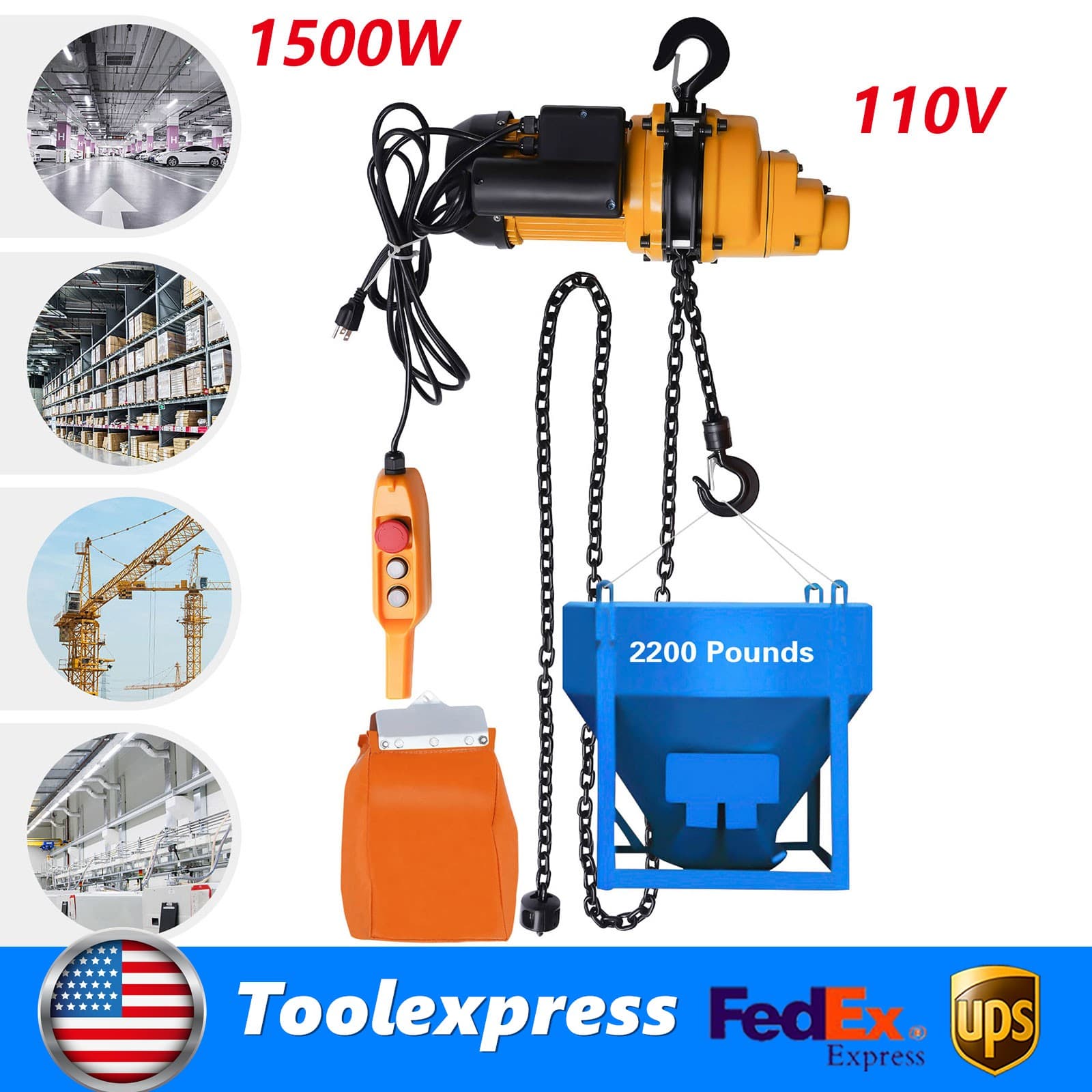 Electric Chain Hoist Single Phase Crane Hoist 2200 lbs Load 13 ft Lifting 1500W