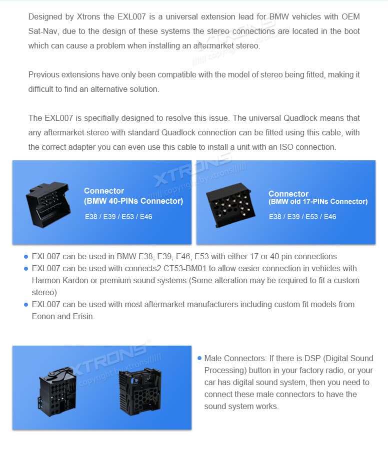 6M Extra Long ISO Wiring Harness Connector Quadlock Fit For BMW E38 E39 E46 E53 3