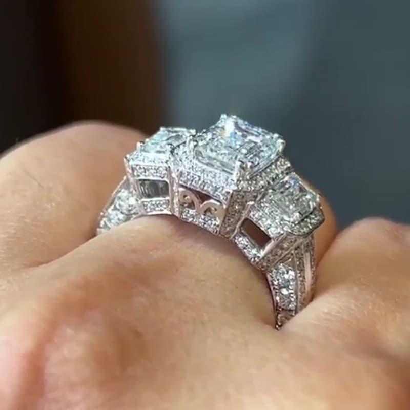 4.5Ctw Emerald Moissanite Halo Three Stone Engagement Ring 14k White Gold Plated 4