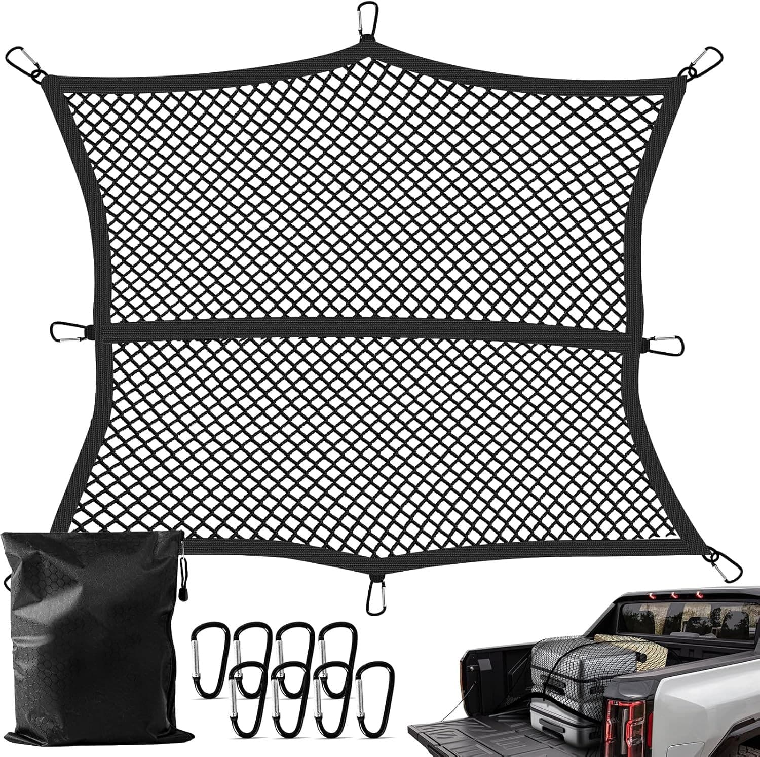 Net with Storage Bag and 8 rustproof Buckles, Stretchable from 4x4'- 7x7' Black