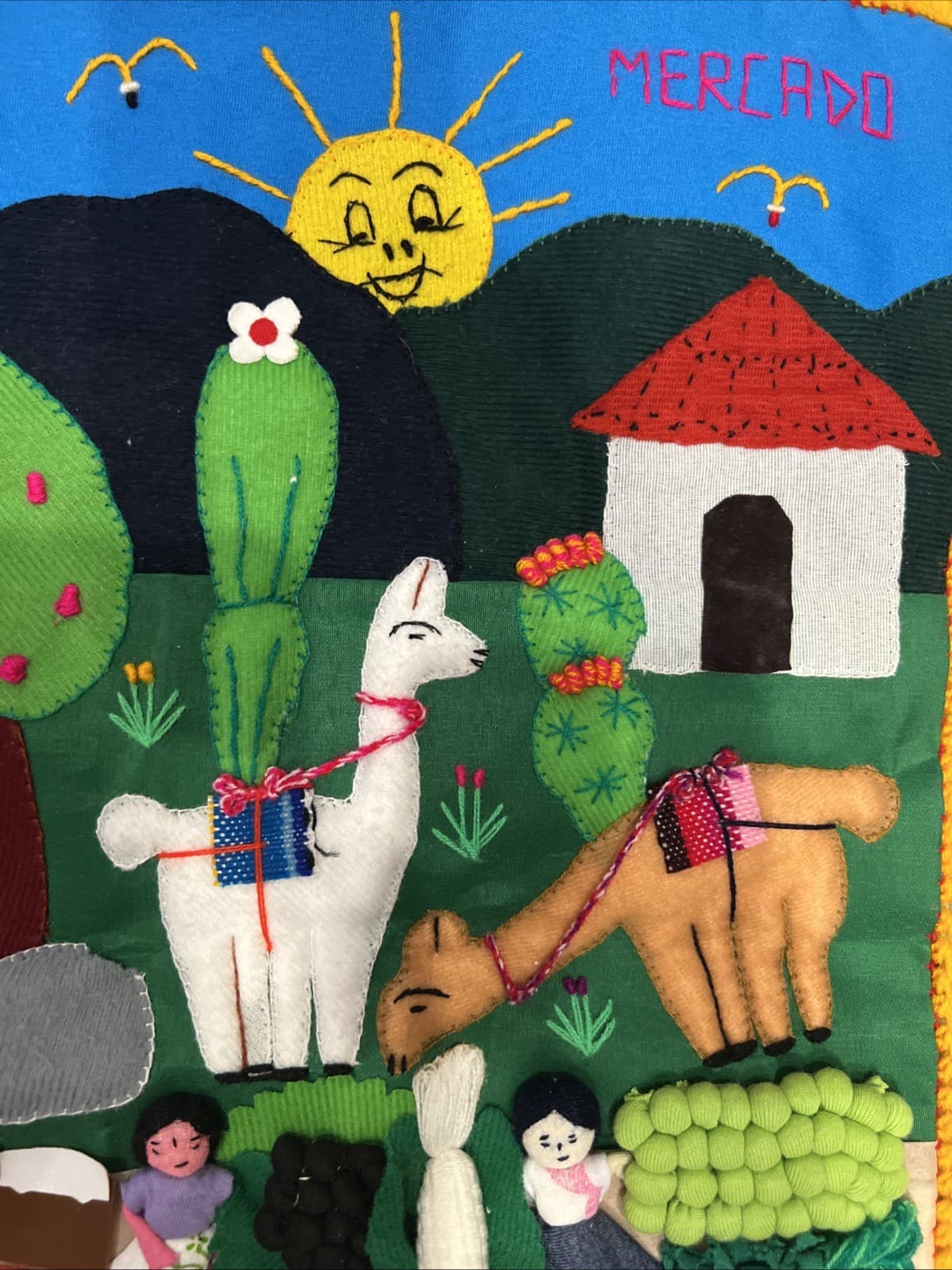 Handmade Peruvian Arpillera Folk Art 3D Applique Tapestry Wall Hanging 18x11 4